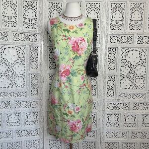 Vintage B Moss‎ Silk Linen Blend Green Floral Sleeveless Dress Sz Small